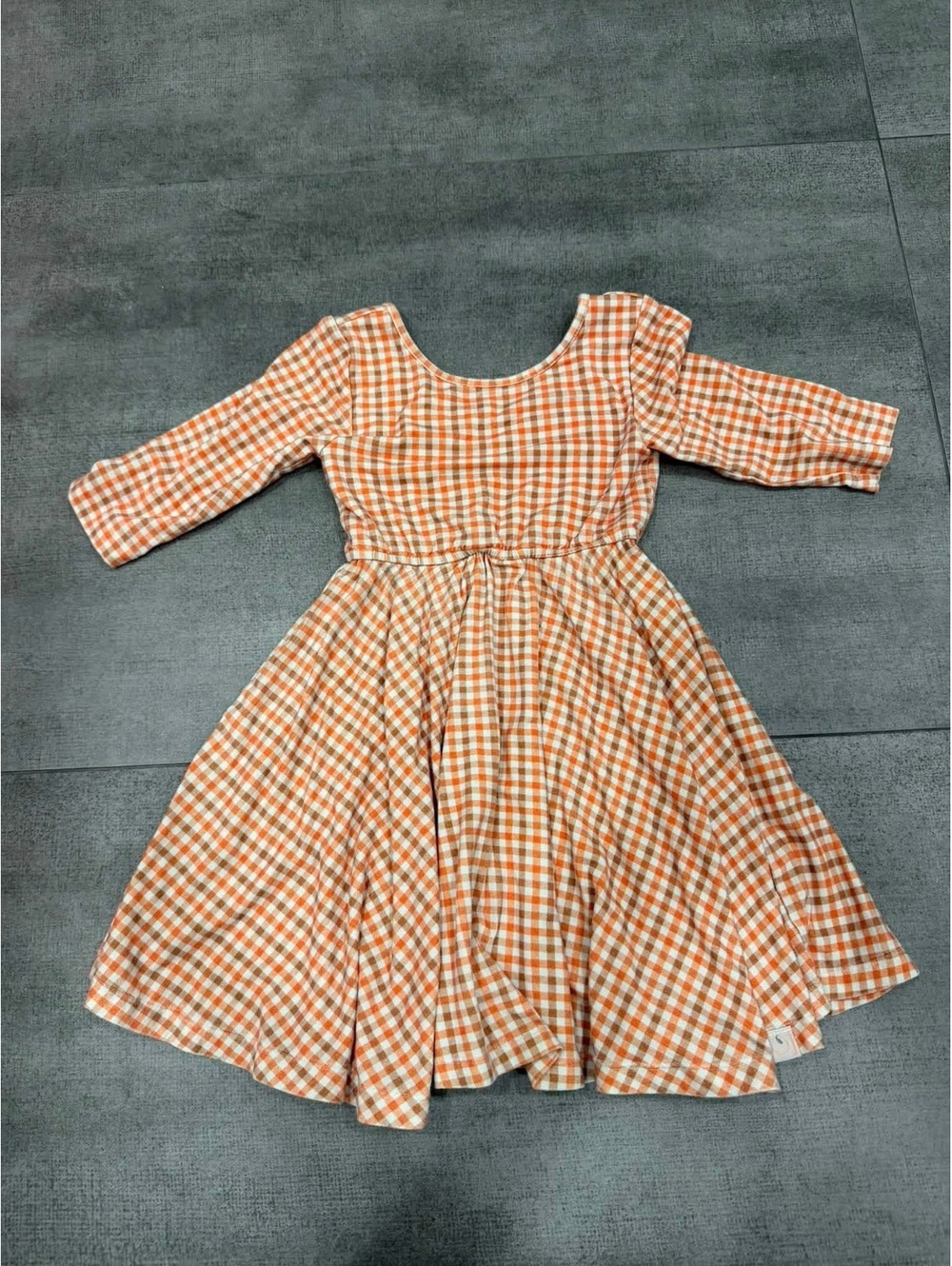 3 • Omi Jo Girls Orange White Gingham Twirl Dress Long Sleeve